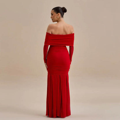 Buycenter Off-Shoulder Pleated Dress - Elegant High Waist Floral Style - Buy Center