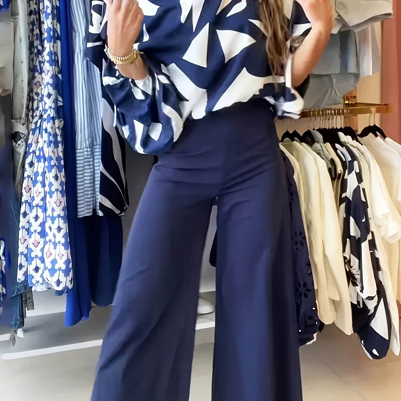 Geometric Printed Casual Top & Pants Set - 100% Polyester, All Season - Buy Center