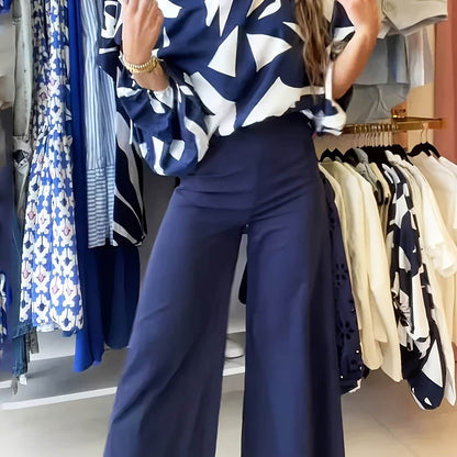 Geometric Printed Casual Top & Pants Set - 100% Polyester, All Season - Buy Center