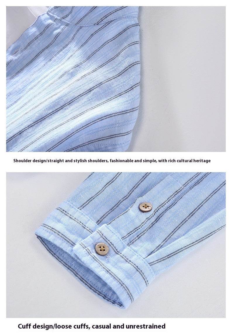 Striped Chinese Style Blouse - Elegant Stand Collar, Long Sleeve Cotton Linen - Buy Center