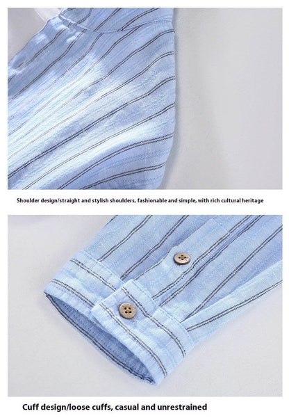 Striped Chinese Style Blouse - Elegant Stand Collar, Long Sleeve Cotton Linen - Buy Center