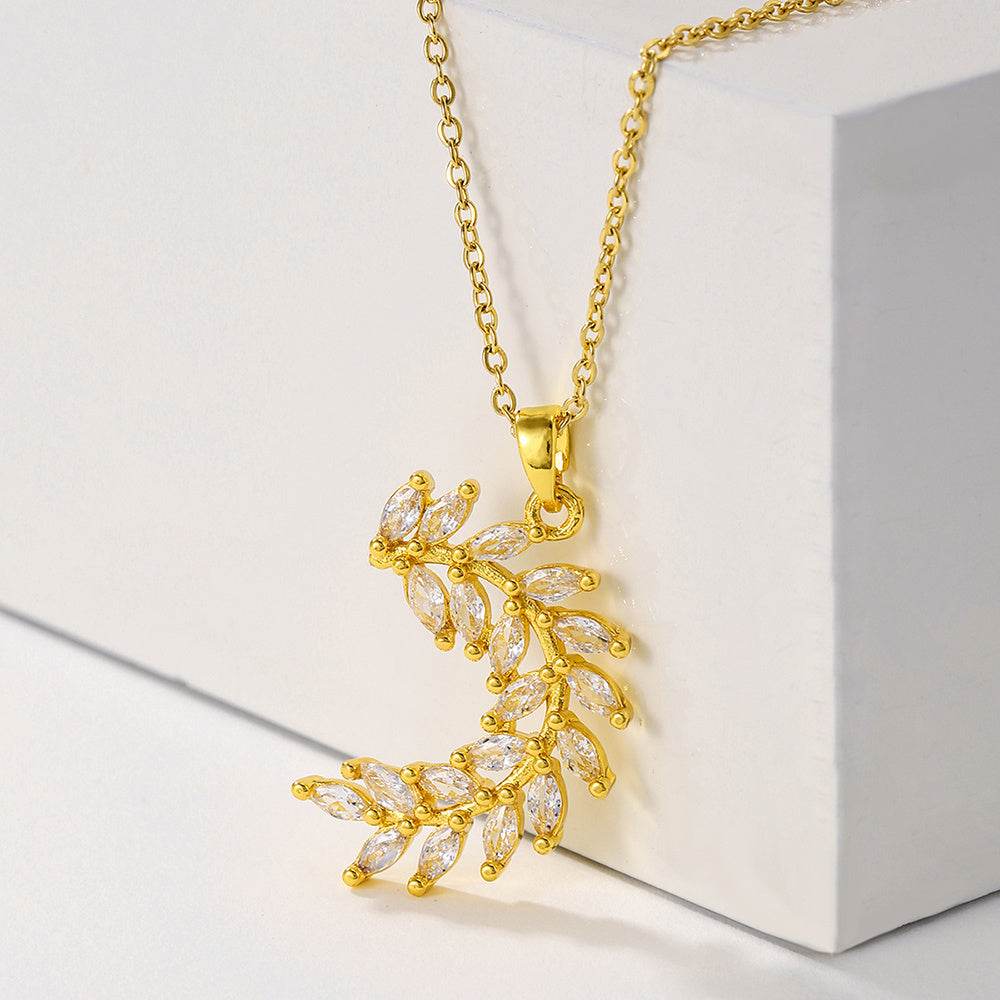 Sparkling Zircon Leaf Pendant Necklace - Gold Wheat Design for Women - Buy Center
