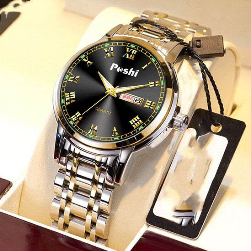 Men's Steel Band Quartz Watch - Luminous, Waterproof, Double Calendar - Buy Center