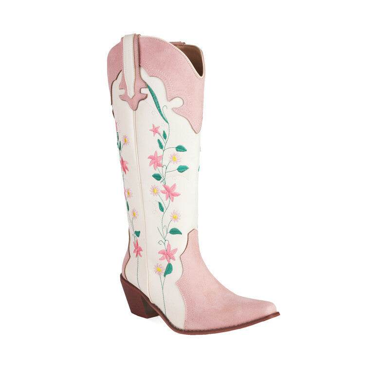 Plus Size Embroidered Knee-high Boots - Thick-Heeled Floral Design - Buy Center