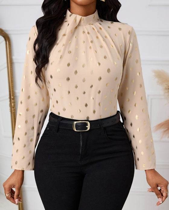 Buycenter Ladies' Polka Dot Long Sleeve Shirt - Casual Pleated Collar - Buy Center