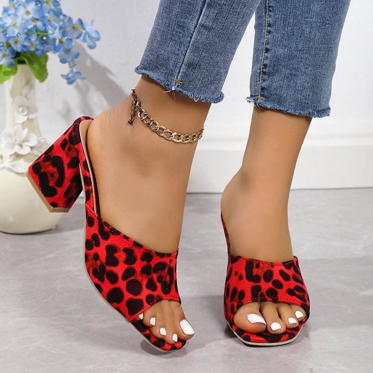 Buycenter Leopard Square Toe Sandals - Stylish High-Heeled Slippers for Women - Buy Center