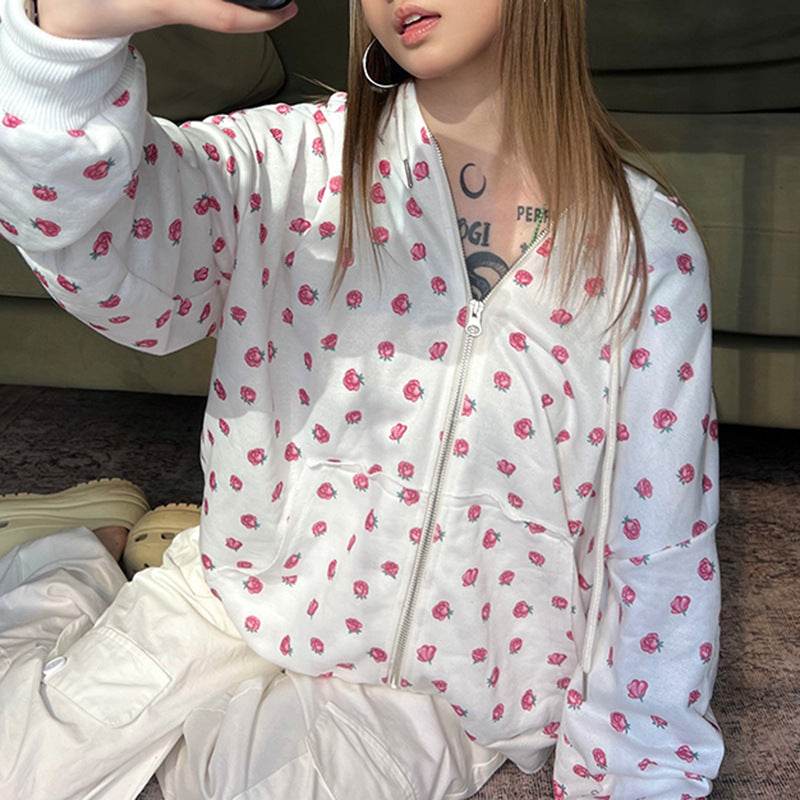 Buycenter Sweet Girlish Rose Printed Hoodie - Cozy Women's Cardigan - Buy Center