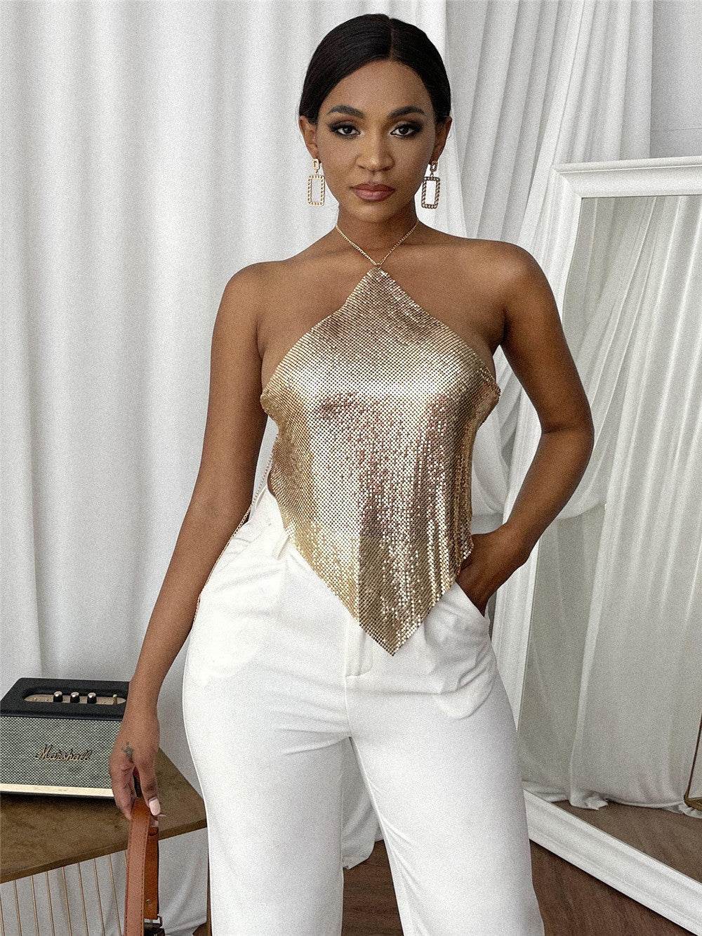 Sexy Solid Color Halter Top - Sequin Sling Style for Trendy Women - Buy Center