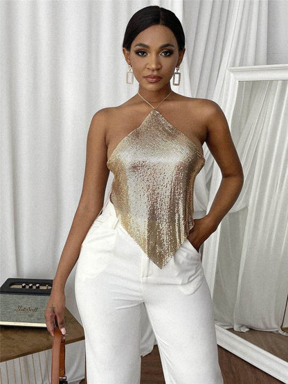 Sexy Solid Color Halter Top - Sequin Sling Style for Trendy Women - Buy Center
