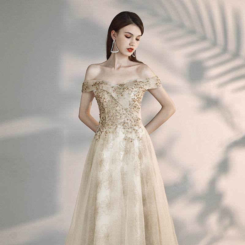 Buycenter A Shoulder Flamboyant Dress - Elegant Evening Wear in Champagne - Buy Center