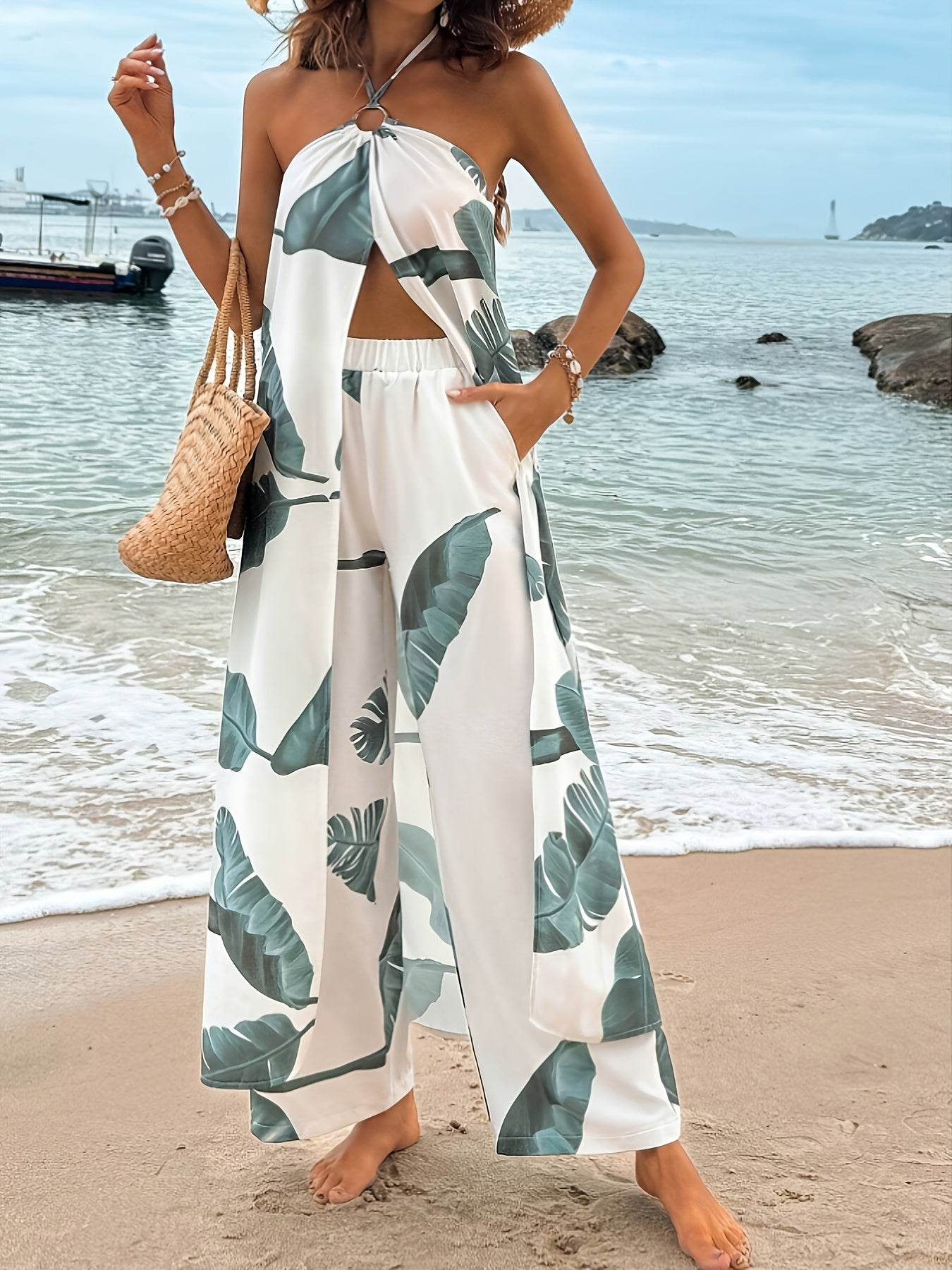 Stylish Women's Tropical Plant Print Two-Piece Set - Camisole & Pants - Buy Center