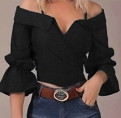 Buycenter Casual Solid Spaghetti Strap Blouse - Bell Sleeve Design - Buy Center