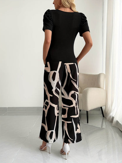 Elegant Women's Round Neck Fluffy Sleeve Top & Printed Pants Set - Buy Center