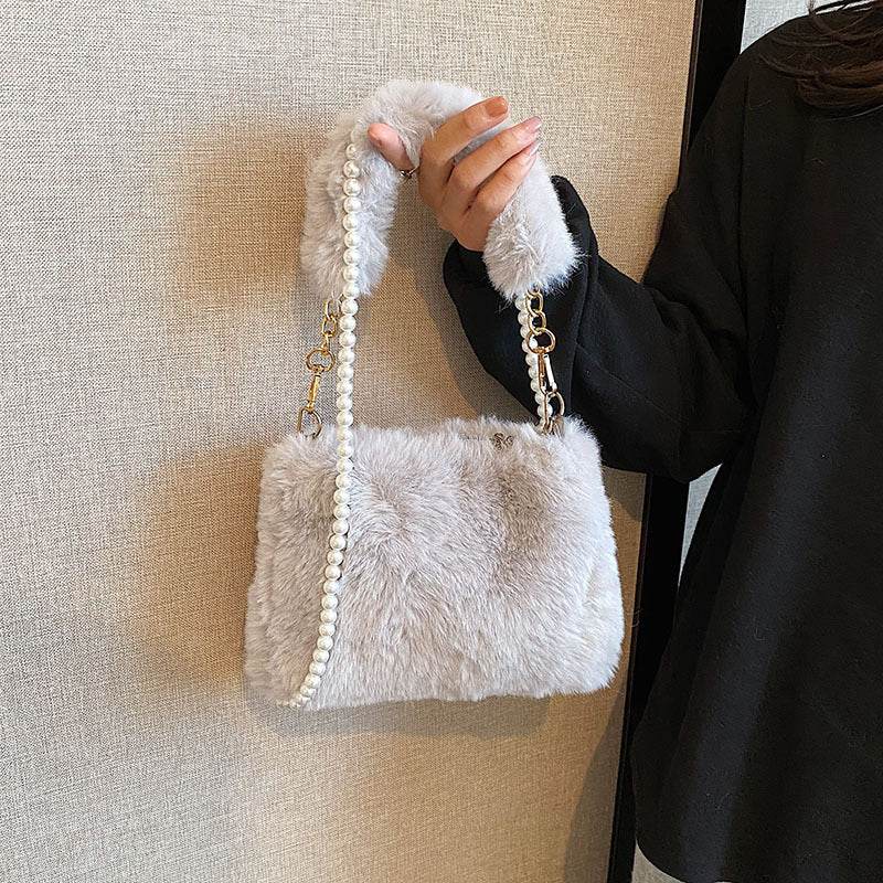 Pearl Chain Plush Bag - Stylish Clutch for Women in Milky White & Khaki - Buy Center