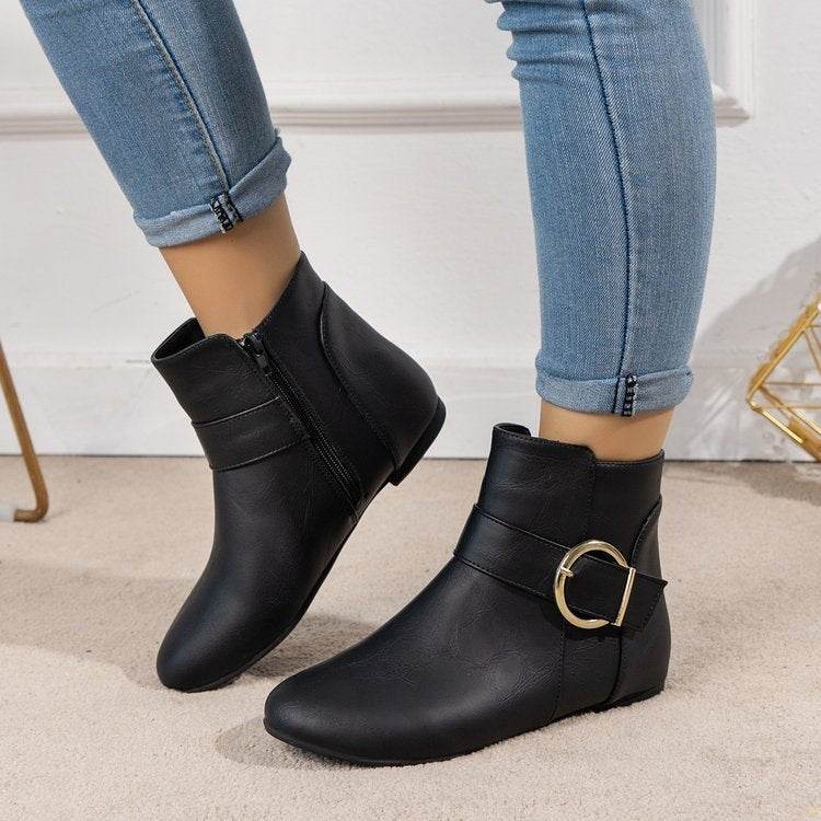 Big Buckle Black Side Zipper Low-Top Martin Boots for Trendy Women - Buy Center