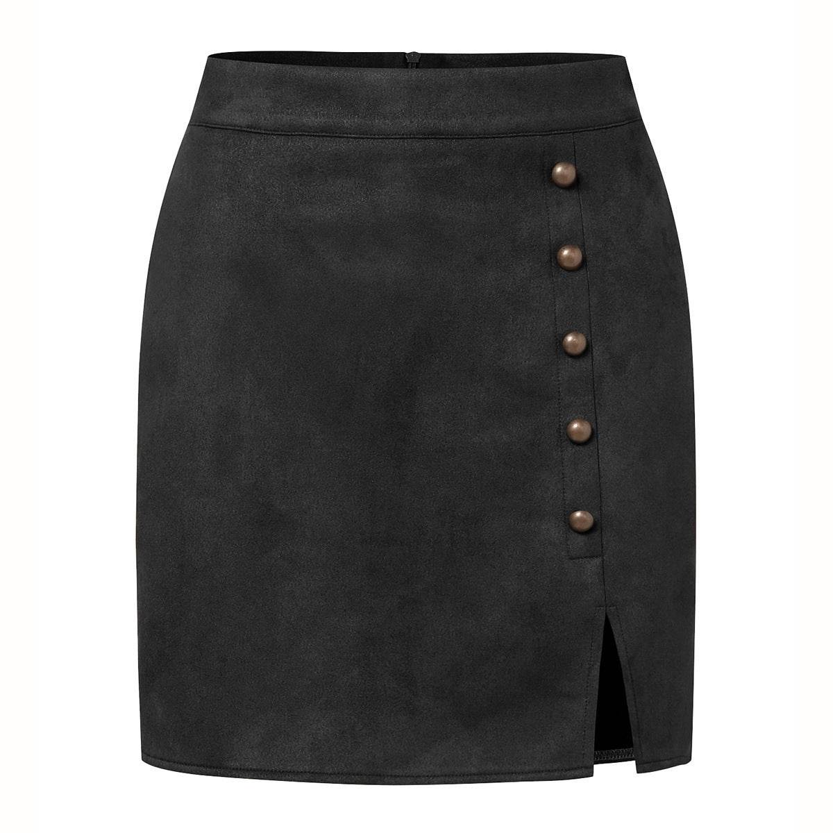 Buycenter Women's Suede High Waist Skirt - A-Line with Metal Buckle - Buy Center