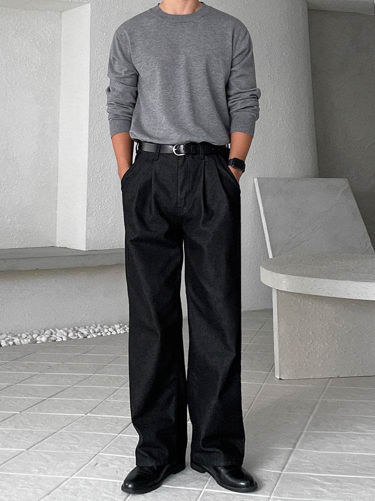 Men's Casual Loose-Fitting Straight Jeans - Black Wide-Leg Trousers - Buy Center