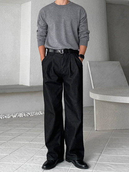 Men's Casual Loose-Fitting Straight Jeans - Black Wide-Leg Trousers - Buy Center