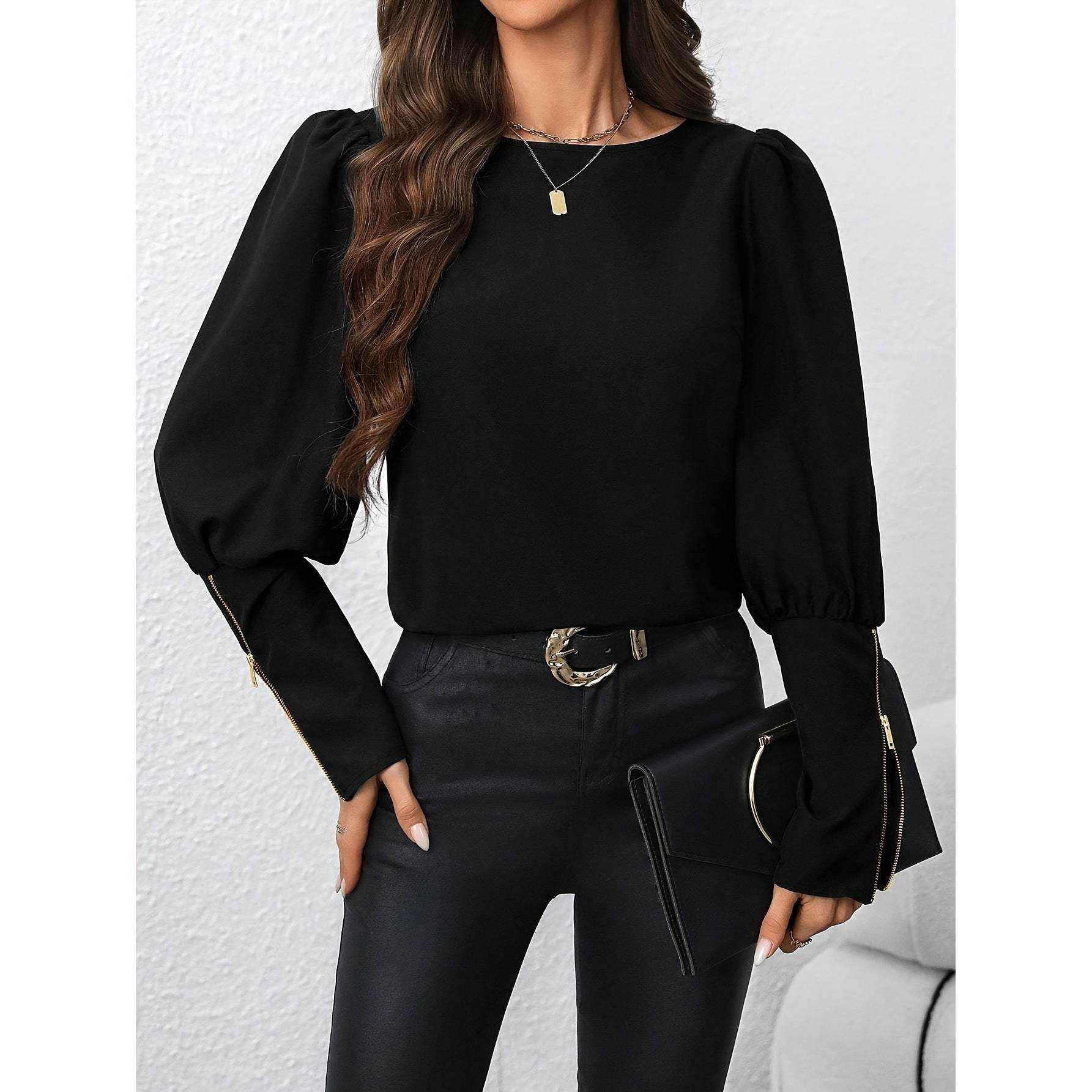 Women's Black Polo Collar Long Sleeve Zip Top - Trendy Blazer 2025 - Buy Center