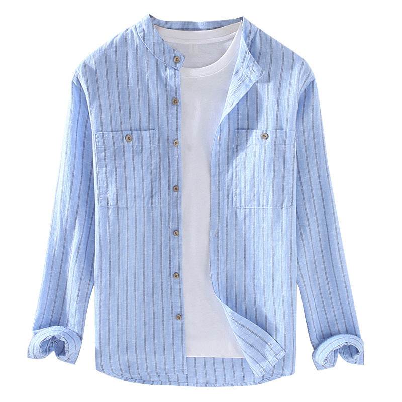 Striped Chinese Style Blouse - Elegant Stand Collar, Long Sleeve Cotton Linen - Buy Center