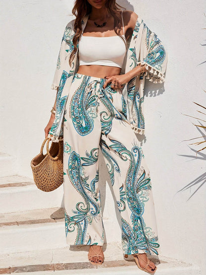 Women's Tropical Print Kimono Set - Lightweight 3/4 Sleeve Top & Pants - Buy Center