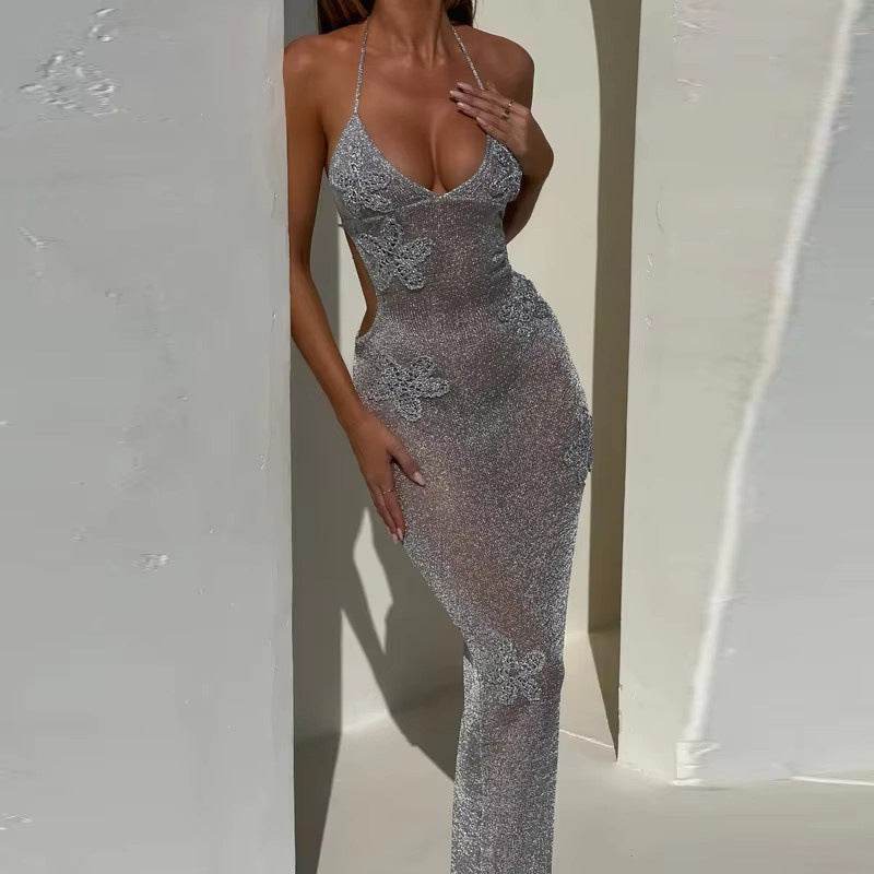 Buycenter Women's Deep V Strap Backless Dress - Slim Fit, Sequined Style - Buy Center