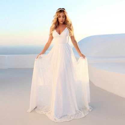 Buycenter V-Neck Lace Dress - Elegant Wedding Gown with Swing Skirt - Buy Center