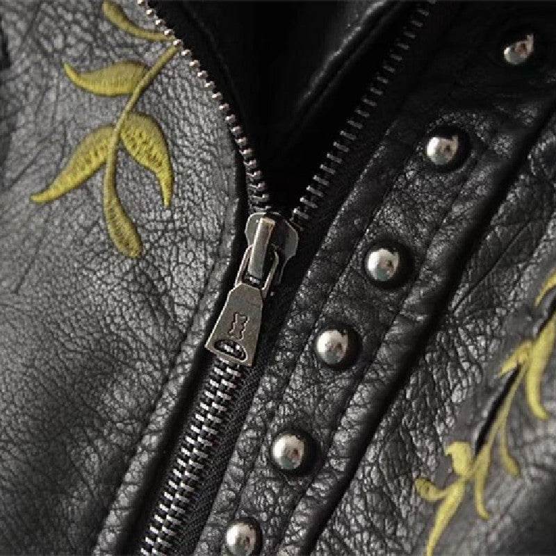 Buycenter Fashion Rivet Flower Embroidered PU Leather Jacket - Stylish & Trendy - Buy Center