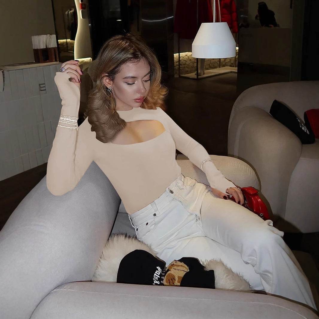 Slim-Fit Long Sleeve Hollow T-Shirt - Red, Black & Apricot Colors - Buy Center