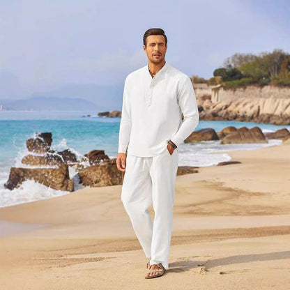 Buycenter Casual Cotton Linen Blouse & Trousers Suit - Long Sleeve - Buy Center