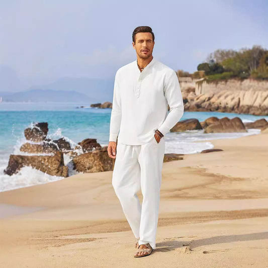 Buycenter Casual Cotton Linen Blouse & Trousers Suit - Long Sleeve - Buy Center