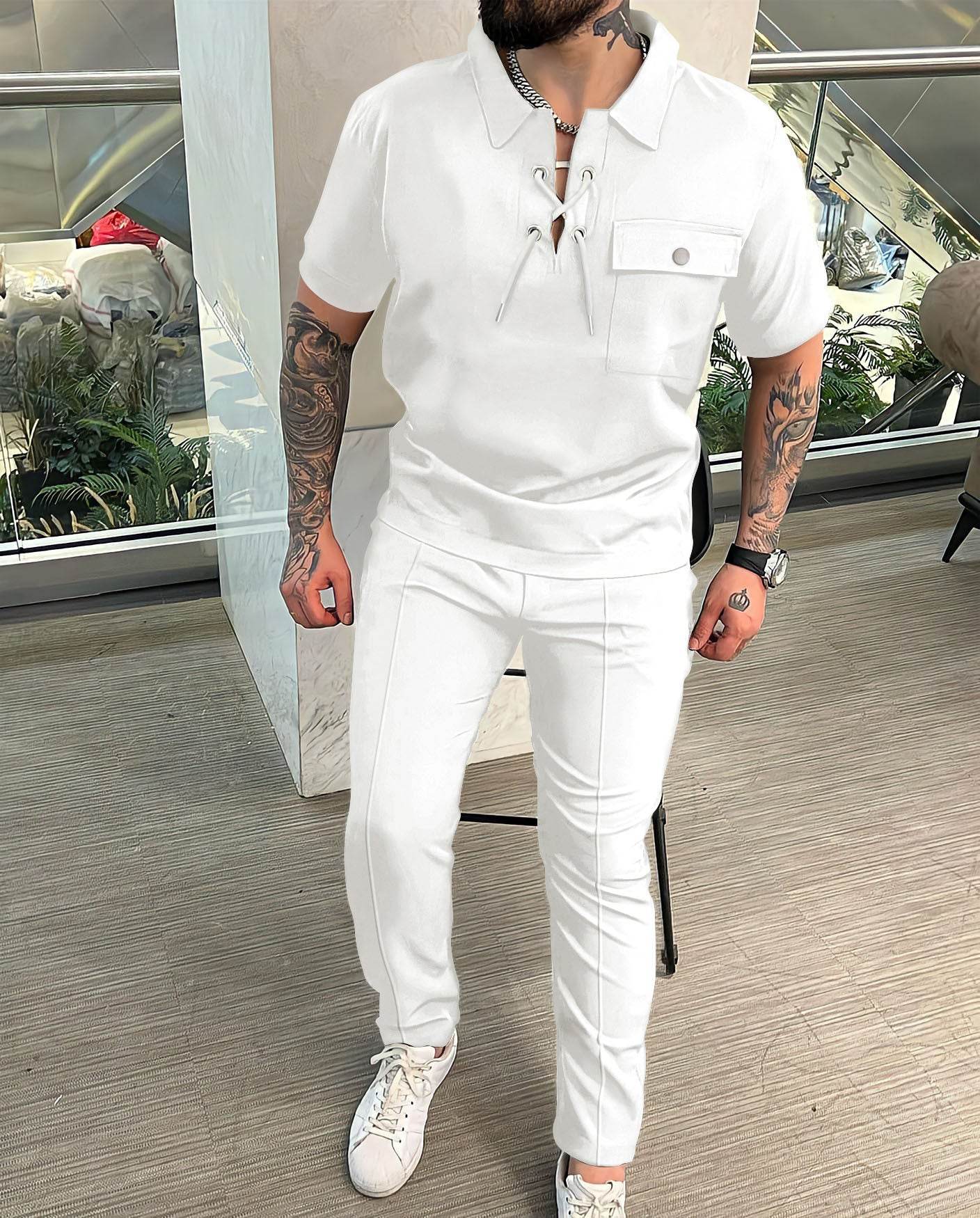 Buycenter Men's Casual Geometric T-shirt and Trousers Set - Short Sleeve - Buy Center