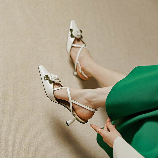 Elegant Retro Cheongsam Sandals - Milky White Cowhide with Mid Heel - Buy Center