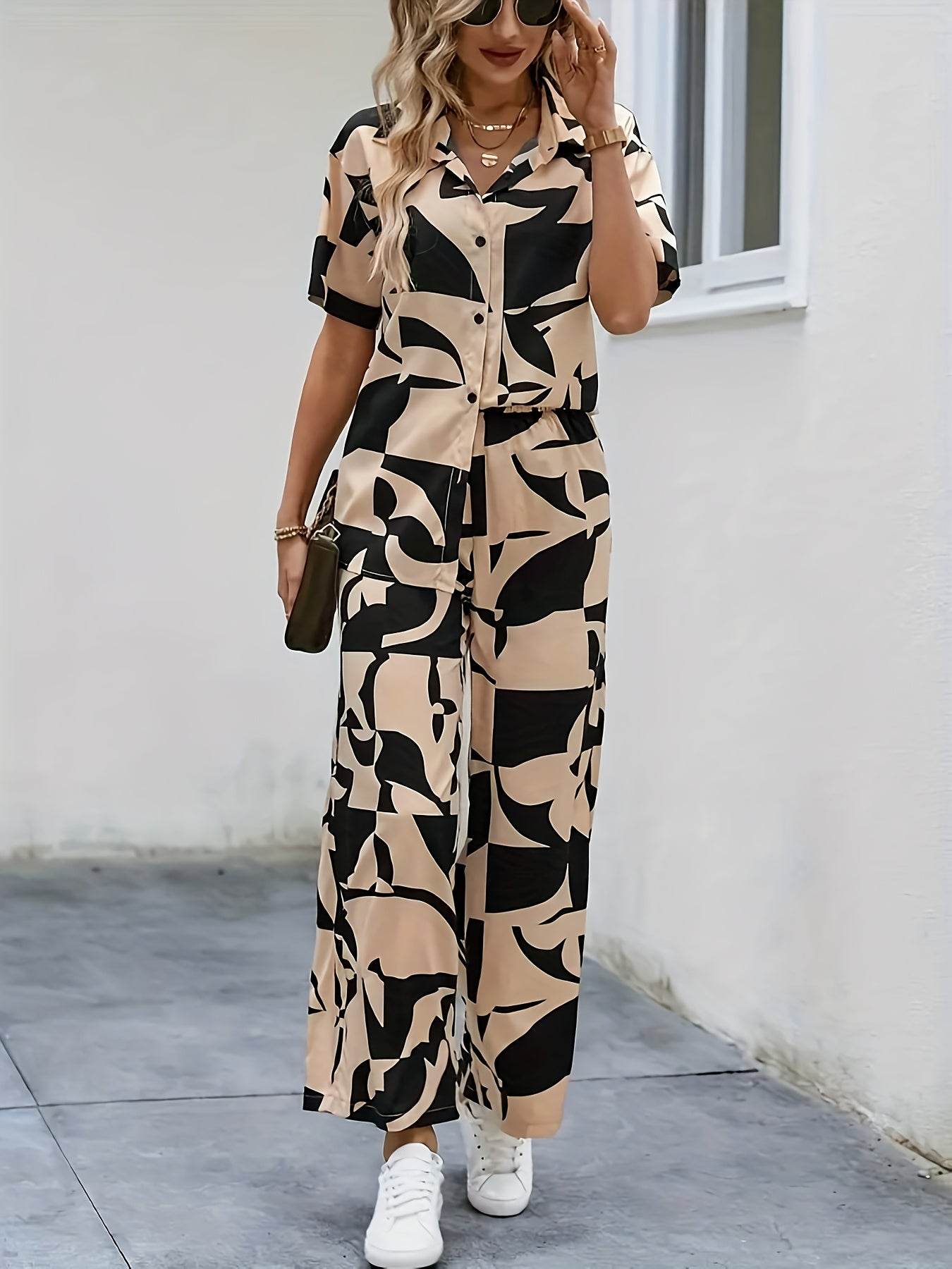 Elegant Geometric Print Shirt & Wide-Leg Pants Set - Spring Style - Buy Center
