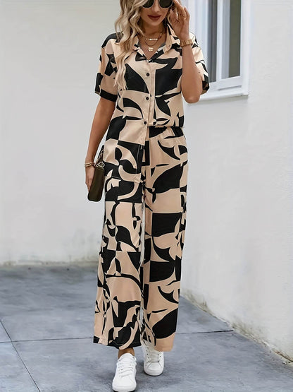 Elegant Geometric Print Shirt & Wide-Leg Pants Set - Spring Style - Buy Center