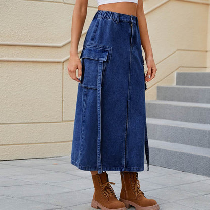 Washed Elastic Waist Ribbon Skirt - Chic Mid-Length Denim in Light & Dark Blue - Buy Center