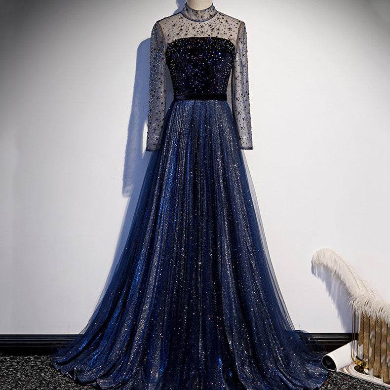 High-End Celebrity Long Tail Dress - Navy Blue Sequin Evening Gown - Buy Center