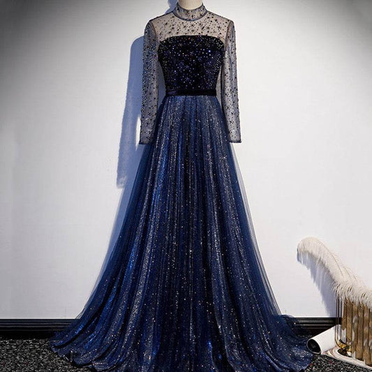 High-End Celebrity Long Tail Dress - Navy Blue Sequin Evening Gown - Buy Center