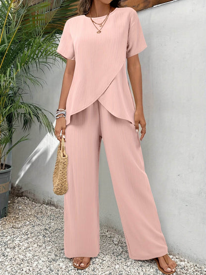 Women's Spring Casual Two-Piece Set - Round Neck Dress Top & Pants - Buy Center