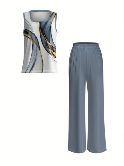 Women's Floral Print Set - Square Neck Vest & Wide Leg Pants Set - Buy Center