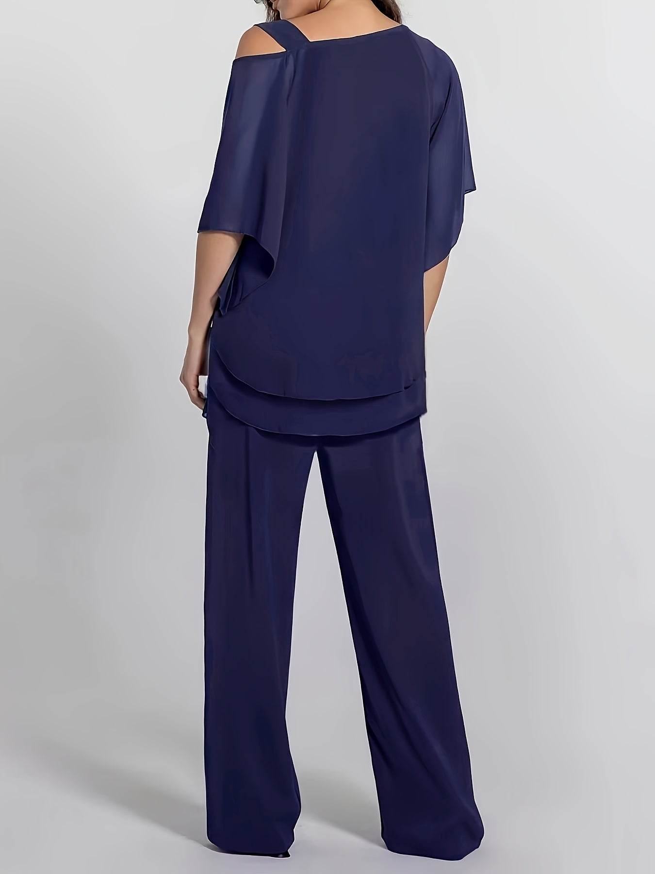 Elegant Off-Shoulder Asymmetrical Blouse & Pants Set - Purple Casual - Buy Center