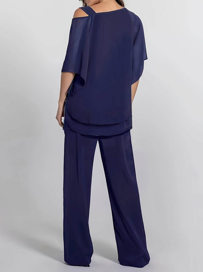 Elegant Off-Shoulder Asymmetrical Blouse & Pants Set - Purple Casual - Buy Center