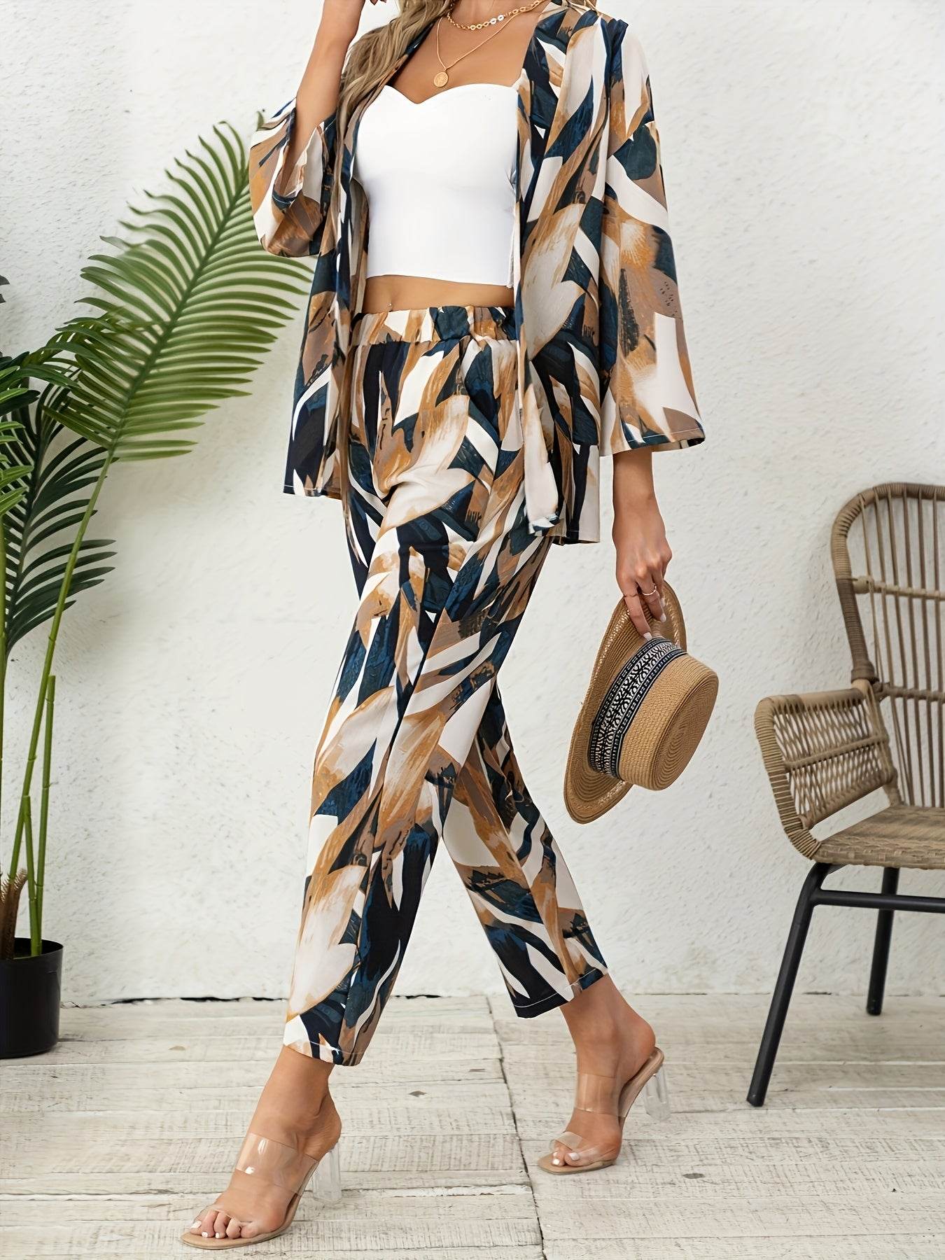 Elegant Women's Two-Piece Leaf Print Set - Spring Summer Style - Buy Center