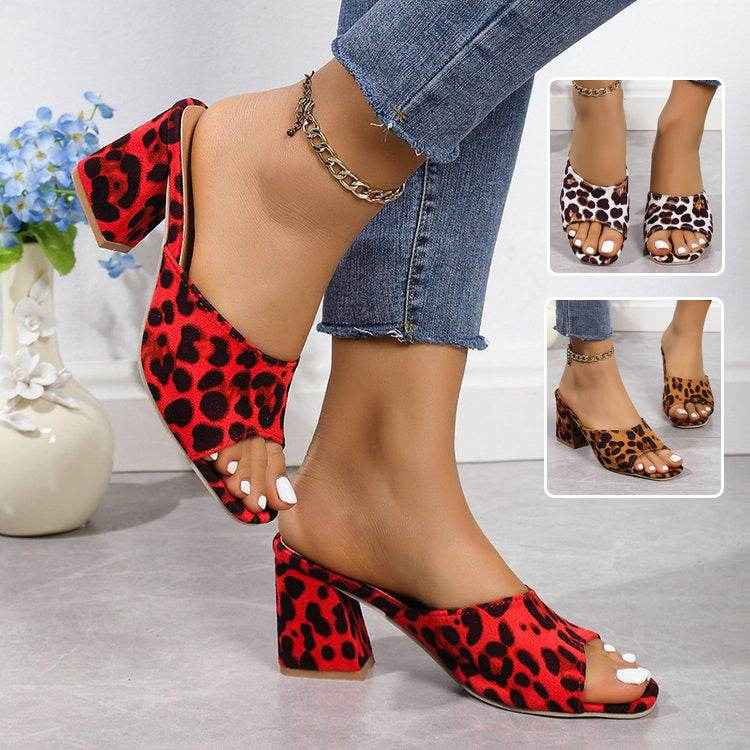 Buycenter Leopard Square Toe Sandals - Stylish High-Heeled Slippers for Women - Buy Center