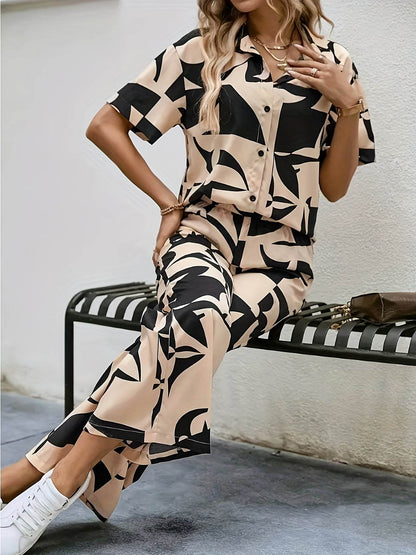 Elegant Geometric Print Shirt & Wide-Leg Pants Set - Spring Style - Buy Center