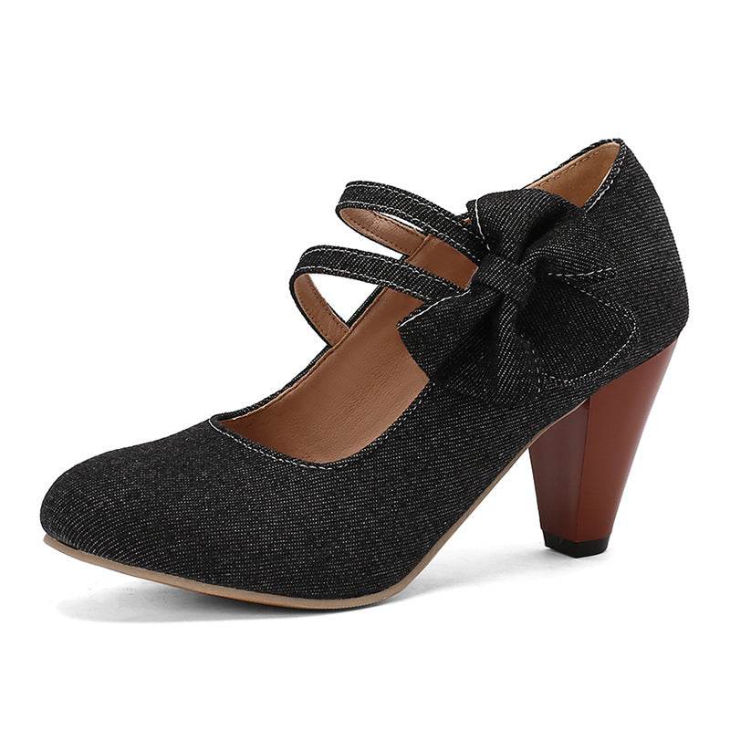 Buycenter Round Toe High Heels Pumps - Stylish Denim Bow Design - Buy Center
