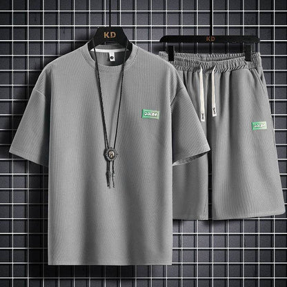Men's Casual Tracksuit Short Sleeve Set - Breathable Waffle Cotton Style - Buy Center