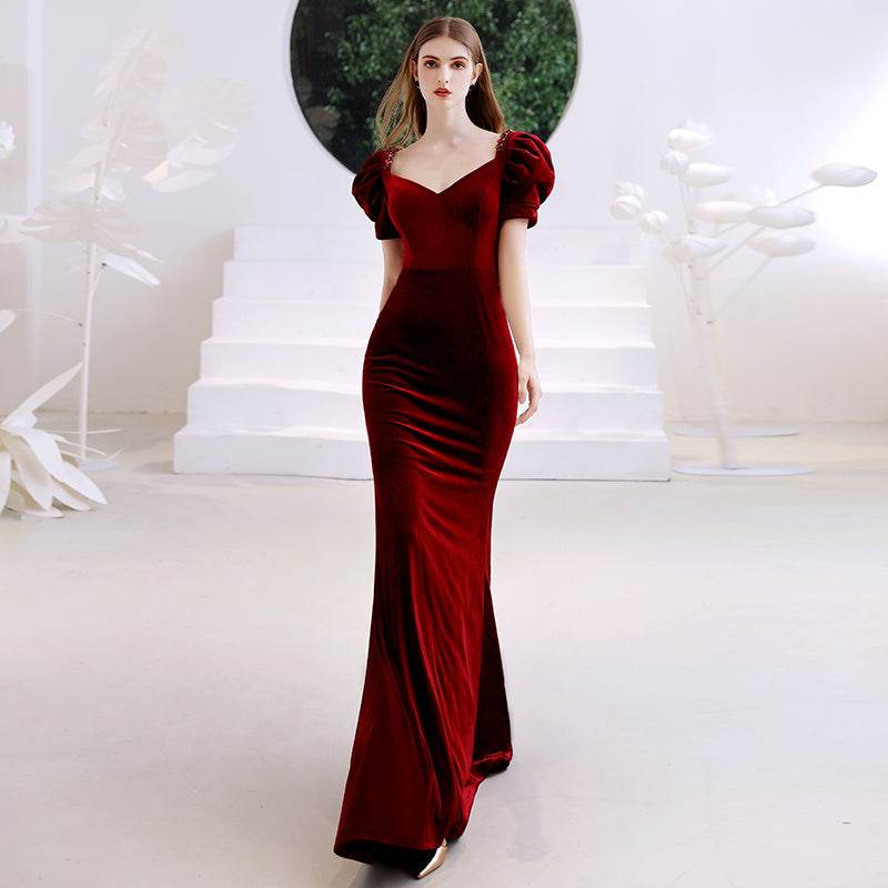 Buycenter Wine Red Fishtail Evening Dress - Elegant Deep V-Neck Style - Buy Center