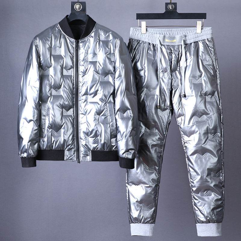 Buycenter Men's Glossy Down Jacket - Stylish Black & Silver Suit Set - Buy Center
