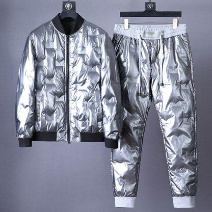 Buycenter Men's Glossy Down Jacket - Stylish Black & Silver Suit Set - Buy Center